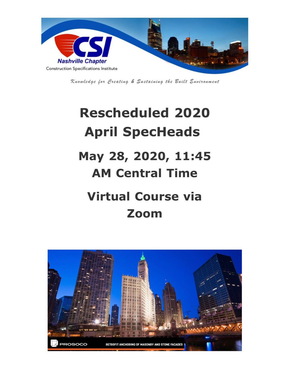 Make sure you reserve your spot for May 28th SpecHeads! Kelly Morris at PROSOCO will be presenting on Retrofit Anchoring of Masonry and Stone Facade.
Please register below:
prosoco.zoom.us/webinar/regist…