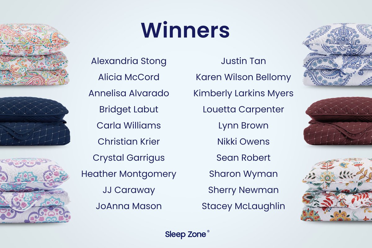 SleepZoneLife's tweet photo. 🎁Winners of 20 Quilt Sets Giveaway🎁
Hoola, here are our 20 winners for the '20 Quilt Sets Giveaway'!
https://t.co/M79Hh0gCjo
Please contact us with your bed size and mailing address if you are a winner.
#SleepZone #Bedding #QuiltSet #Quilts #Contest #Giveaway #Winners https://t.co/dPLTKeaMNv