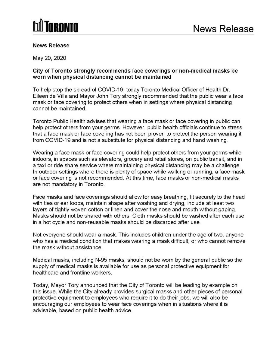 cityoftoronto's tweet photo. #CityofTO strongly recommends face coverings or non-medical masks be worn when physical distancing cannot be maintained. News release: https://t.co/Hja6w5enYb https://t.co/VqCLVbWMKT