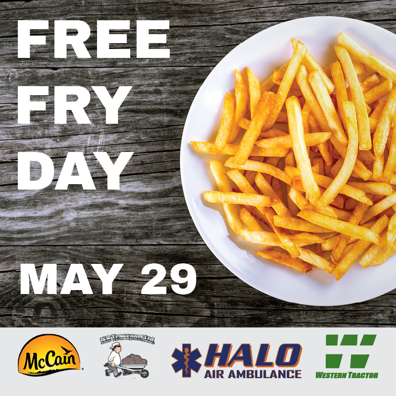 Westerntractor's tweet photo. @McCainFoods, Western Tractor and #JEBTransport have teamed up to host a #FreeFryDay community event to raise funds for @Haloairrescue  On May 29, nearly 7,500 bags of french fries will be given away! Full details can be found at https://t.co/WdS0iTy0Gf. #inflightforyourlife https://t.co/ST9GEMAtHd