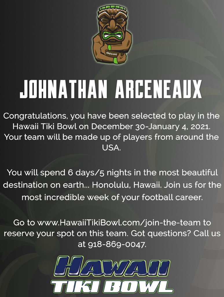 johnathanarcen1's tweet image. Extremely blessed to have been selected to play in the Hawaii tiki bowl @HawaiiTikiBowl