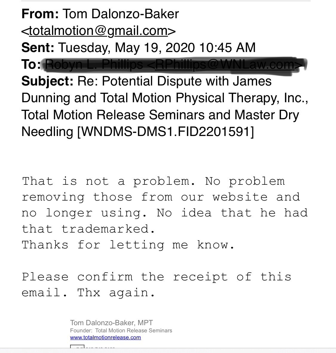 DrDunning's tweet photo. On May 19, in response to a cease & desist, Tom Dalonzo-Baker PT, owner of TMR Seminars/Master Dry Needling, stated he would cease using “Cert. DN”. However, on May 20 he again is FALSELY & ILLEGALLY advertising that his DN instructors have earned that credential. Now to Round 2. https://t.co/Li0xaE7oi3