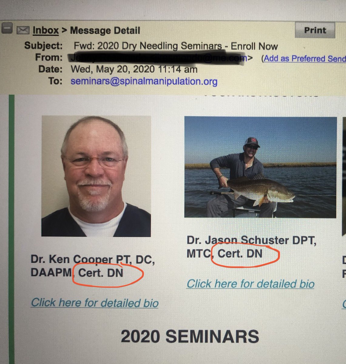 DrDunning's tweet photo. On May 19, in response to a cease & desist, Tom Dalonzo-Baker PT, owner of TMR Seminars/Master Dry Needling, stated he would cease using “Cert. DN”. However, on May 20 he again is FALSELY & ILLEGALLY advertising that his DN instructors have earned that credential. Now to Round 2. https://t.co/Li0xaE7oi3