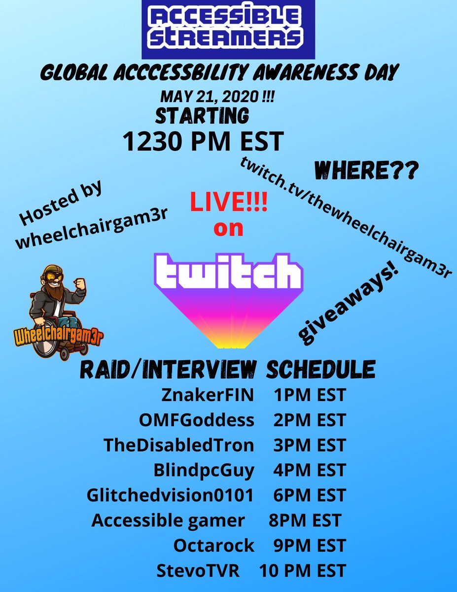 WheelChairGam3r's tweet photo. Tomorrow I'm so excited to host  #globalaccessibilityawarenessday  event for @a11ystreaming  get to know the team and also win some prizes !! 
#a11y  
live from the channel https://t.co/woApWN3nIM !! https://t.co/xYOHw0ai7t