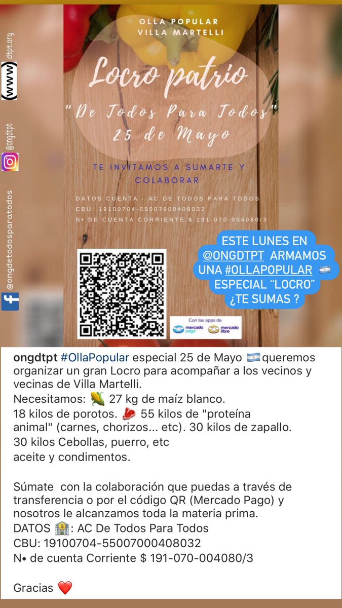 ongdtpt's tweet image. #OllaPopular en #VillaMartelli 🇦🇷
Va a ser un día distinto por la cuarentena pero no queremos de dejar de hacer el locro patrio para los vecinos/as. ¿Te sumas a colaborar?