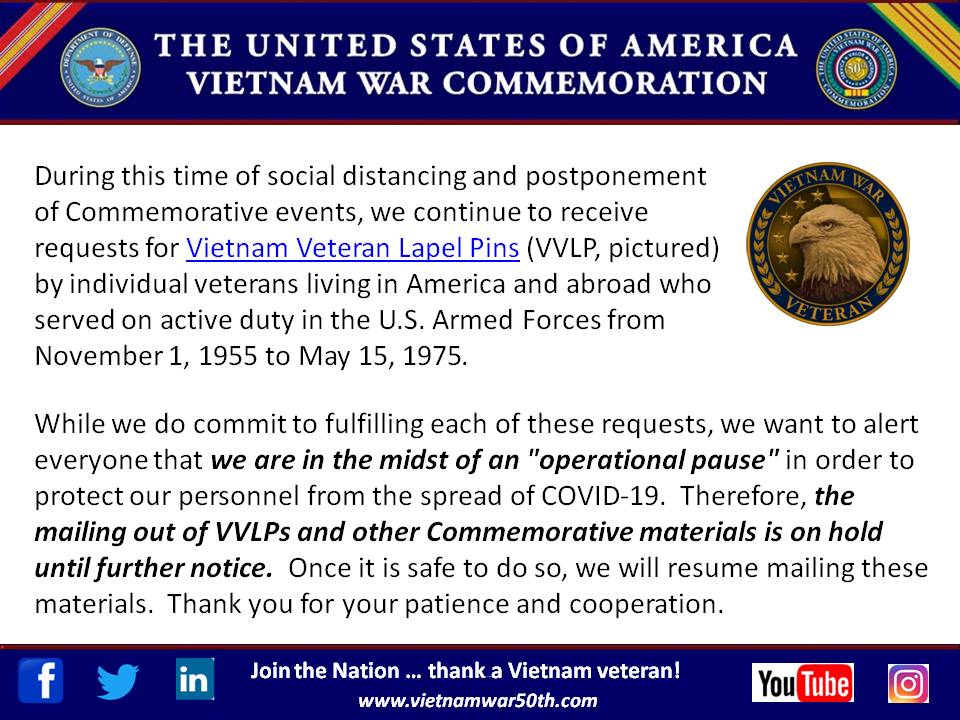 For more updates on the Vietnam Veteran Lapel Pin, please visit our website at vietnamwar50th.com.
#JoinTheNation #ThankAVietnamVet #WelcomeHome