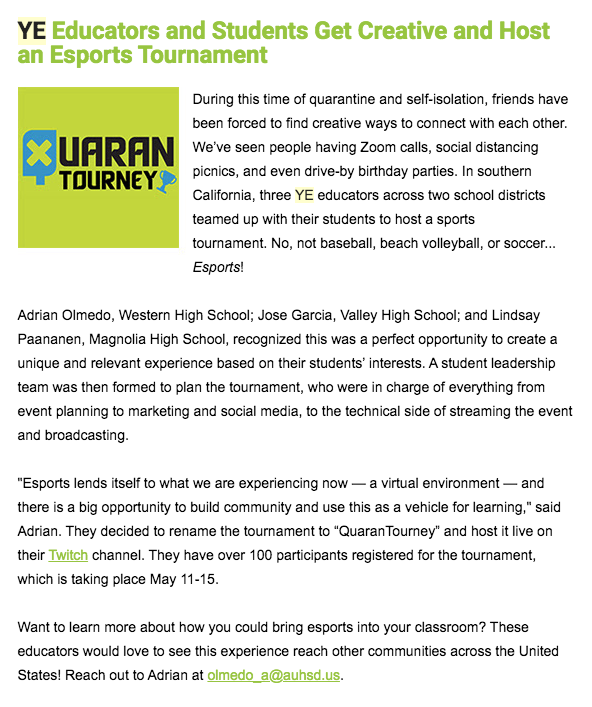 WHSPios's tweet photo. 📣Pio Shoutout!
Mr. Olmedo @ThePioPress & his students planned, organized, and hosted a virtual esports tournament. We LOVE this innovative approach to empower students using the 5Cs!
Thank you @YouthEntre for providing support & prizes.
#LikeAPio #trailblazinPios #YETransforms https://t.co/cCmdQDflD9