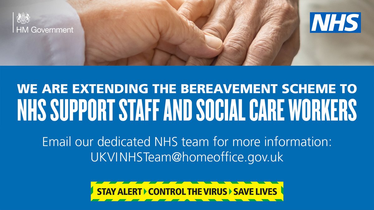 We are extending the offer of indefinite leave to remain to the families of NHS support staff and social care workers who tragically die fighting #coronavirus

gov.uk/guidance/coron…