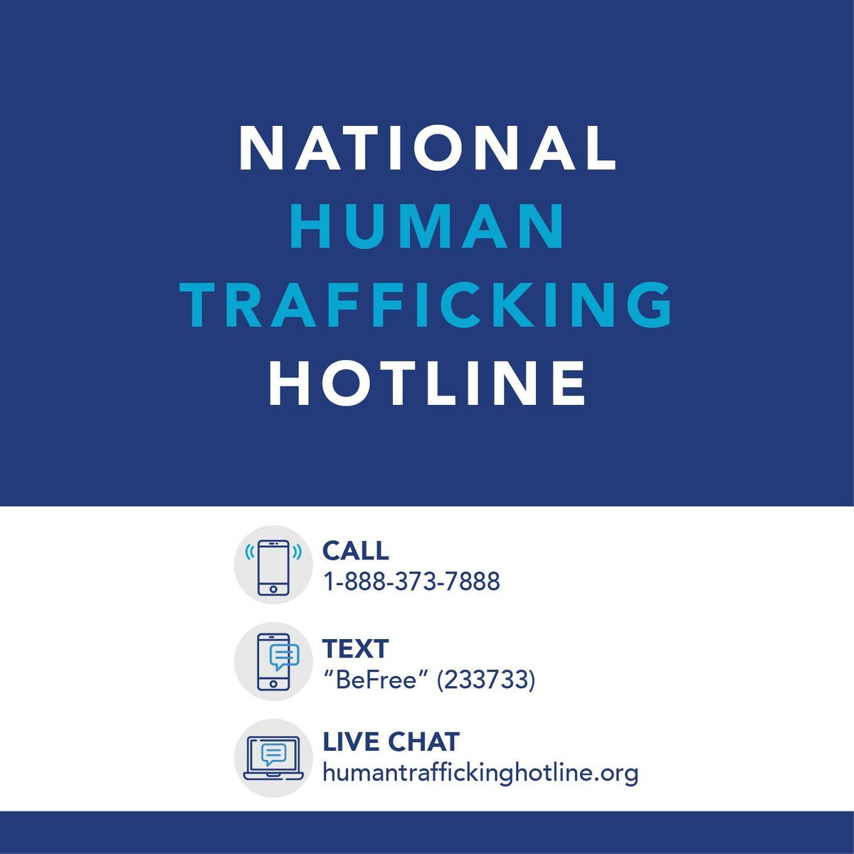 ACFHHS's tweet photo. The National Human Trafficking Hotline continues to operate amid the #COVID19 crisis. 
Call: 1-888-373-7888
Text: HELP to 233733 (BEFREE)
Email: help@humantraffickinghotline.org
Online chat: https://t.co/3Zwlr9otNC https://t.co/CYyOxxKKgb