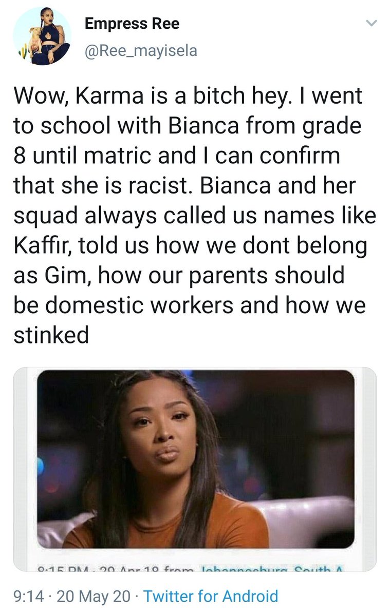Early in the morning, Empress Ree, confirmed that in fact Bianca was a racist in real life as she was in the the same grade with her in high school. She mentioned that Bianca and crew had even used the K-word on black pupils, often looking down on them.