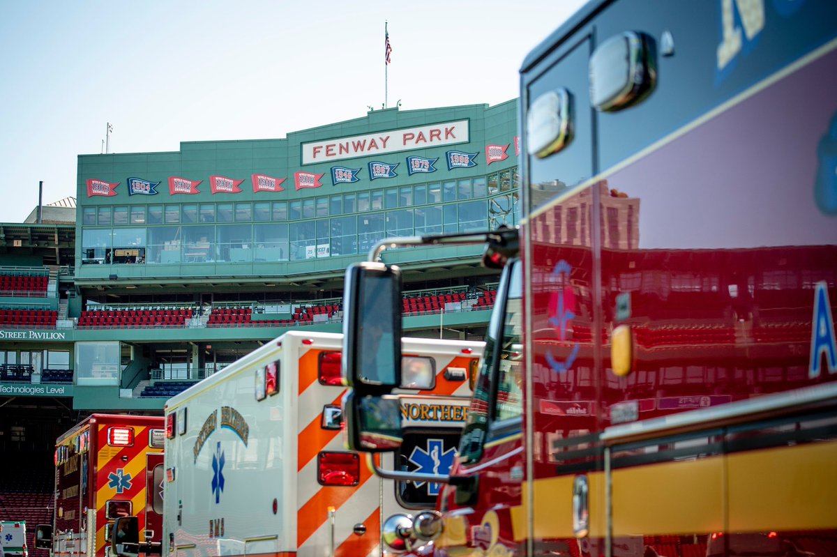 RedSox's tweet photo. We join all of Massachusetts in celebrating EMS Week with the Convoy of Champions, as 50 ambulances traveled from Worcester to Fenway! https://t.co/9mJmY9NQkU