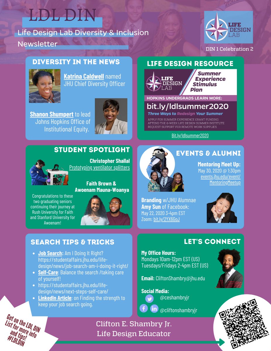 ceshambryjr's tweet photo. Celebrating diversity in news, students, alumni and more in the 2nd Edition/Celebration of the LDL DIN.
The Life Design Lab #Diversity and #Inclusion #Newsletter.
#LDLDIN #Jobs #Alumni #SearchTips #HopkinsTweets @ldlhomewood @JHU_SL @JHU_Alumni https://t.co/BxAeCEYv3f
