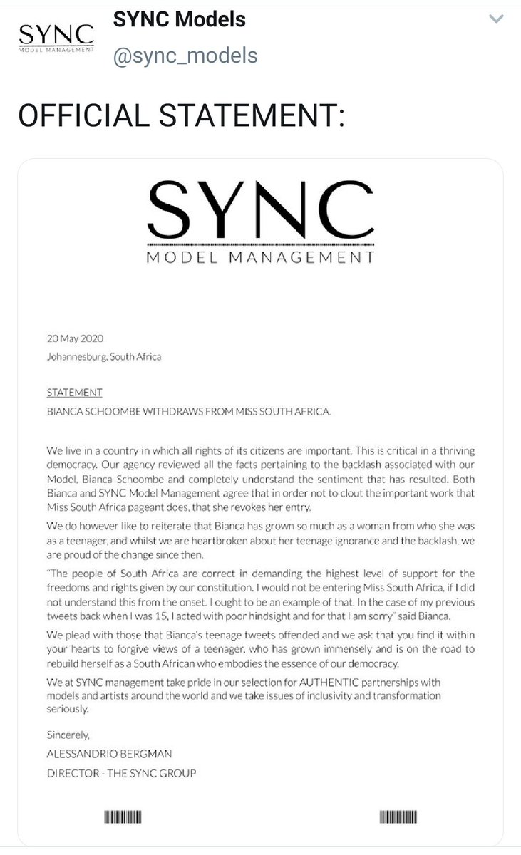 Bianca's agency later deleted the thread & tweeted that she had decided to withdraw her  #MissSA2020 entry. Later in the afternoon they tweeted a typed statement reiterating that they were still supporting their client & that she was withdrawing her entry because of the backlash.