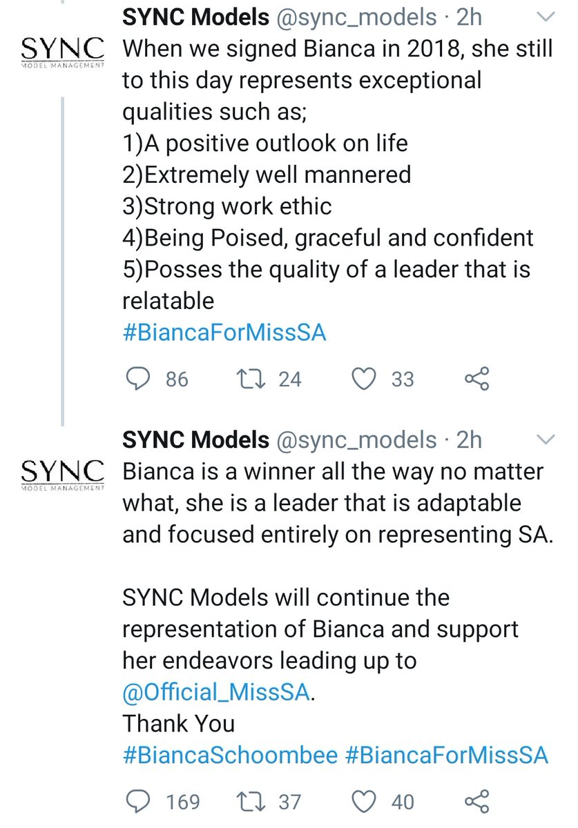 Bianca's agency soon tweeted on behalf of their client, stating that the tweets were 6 years old and that they stood by her no matter what, even tagging the Miss SA account.