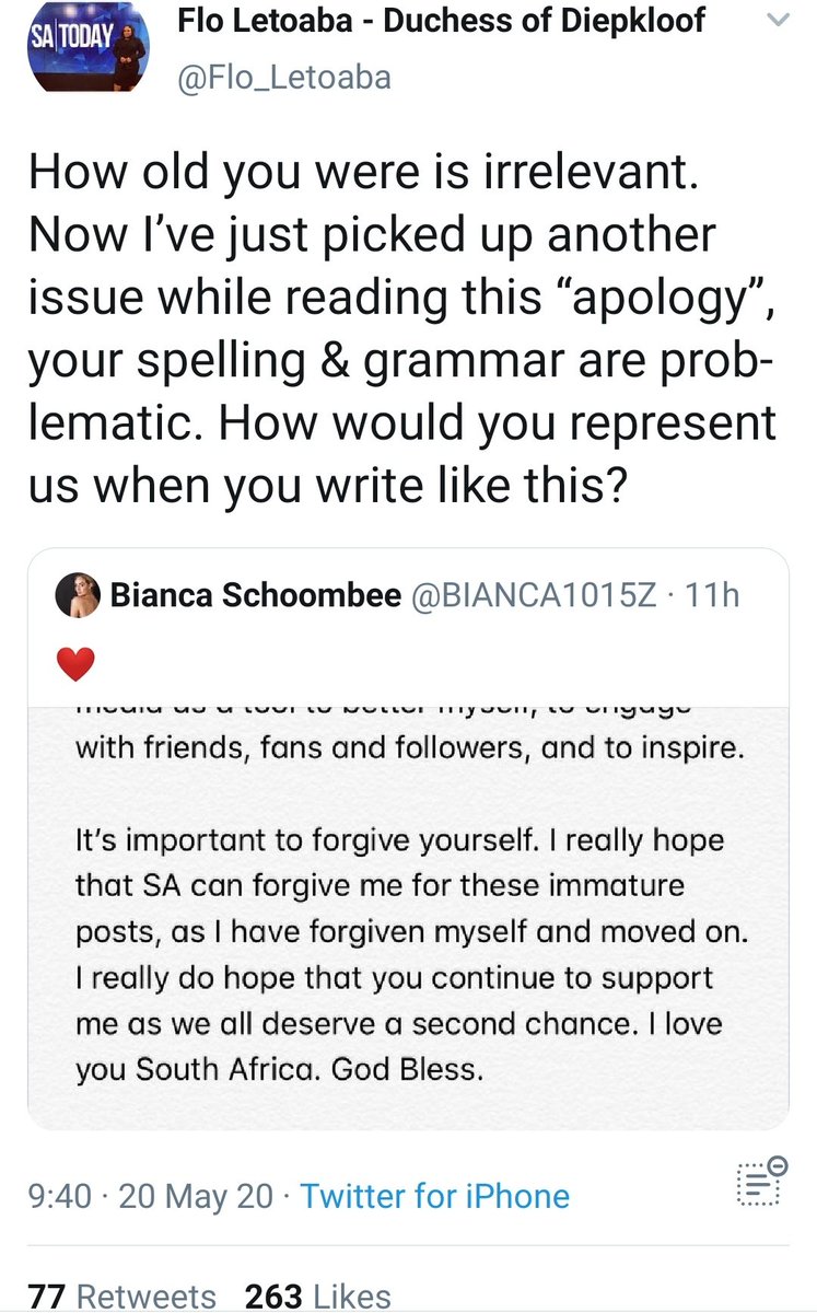 Flo Letoaba joined the chat and questioned Sync Models' statement. While at it, she fetched Bianca for using age as an excuse and questioned how she would represent South Africa with bad grammar and spelling.