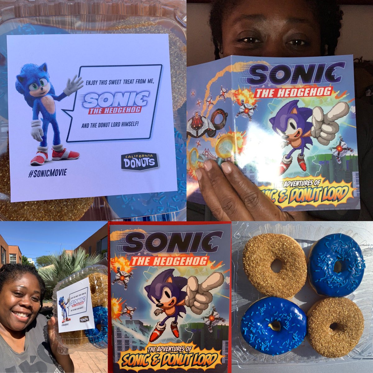 cherry_LA's tweet photo. Yummy 😋 I took a bite out of Sonic the Hedgehog 🤣😂 @cadonuts @sonicmovie #classof2020 🍩🍩🍩 #SonicMovie #SonicGiveaway #donuts #fooji #cherry_la https://t.co/l6nrX6hLbK