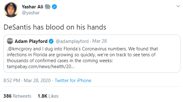 This was all after Jen Rubin and Yashar Ali tweeted “DeSantis has blood on his hands.” Neither of them have tweeted anything nearly as negative about Gov. Cuomo, despite the vast difference in their handling of the virus.