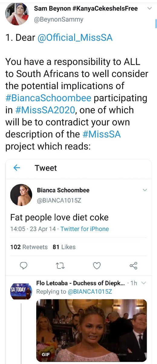 The Black Twitter outrage continued throughout the day, with some even tagging the Miss SA account asking if Bianca's behaviour was acceptable.
