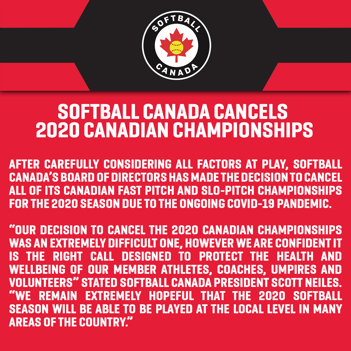 After carefully considering all factors at play, our Board of Directors has made the difficult decision to cancel all of our Canadian Fast Pitch and Slo-Pitch Championships for the 2020 season due to the ongoing COVID-19 pandemic. Read more at: softball.ca/news/softball-…