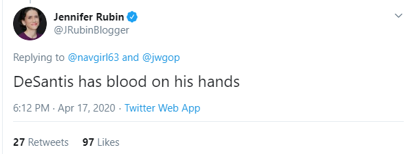 This was all after Jen Rubin and Yashar Ali tweeted “DeSantis has blood on his hands.” Neither of them have tweeted anything nearly as negative about Gov. Cuomo, despite the vast difference in their handling of the virus.