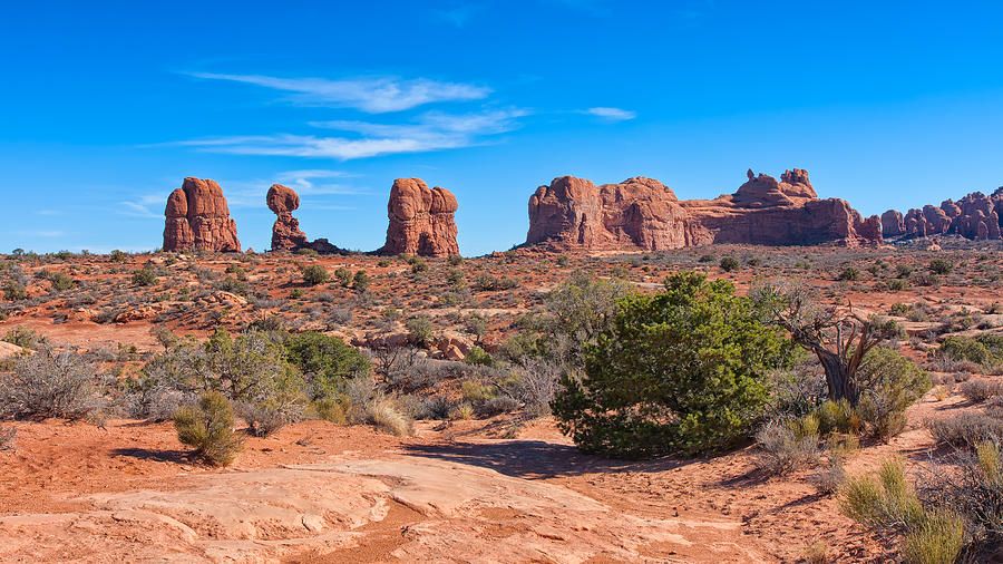 Balanced Rock by John M Bailey. Balanced Rock,second from the left, is one of the most popular features of Arches National Park, Utah. #photography #Travel #Utah #nationalparks