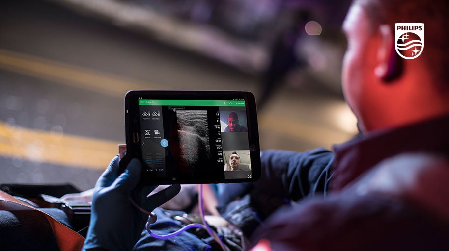 PhilipsPOCUS's tweet photo. Philips Lumify with #teleultrasound is a valuable tool for EMS providers with long transit times, who can stream live ultrasound exam in the back of the ambulance while discussing the patient’s condition with an ED physician. See more: https://t.co/Dj05c7nX1m. #NationalEMSWeek https://t.co/91LzROBtMD