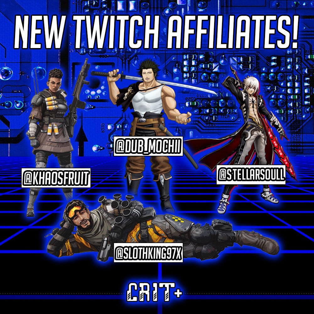 CritPlusGaming's tweet photo. We our proud to announce that @crt_khaosfruitx / @dub_mochii / @stellarsoullgames / @slothking97x are now @twitch affiliates! 
X
#critplus #crt #criticalplusgaming #criticalplus #critplusgaming #gaming #content #stream #streaming #pc #apexlegends #cod #streamer https://t.co/4pMI3eP30v