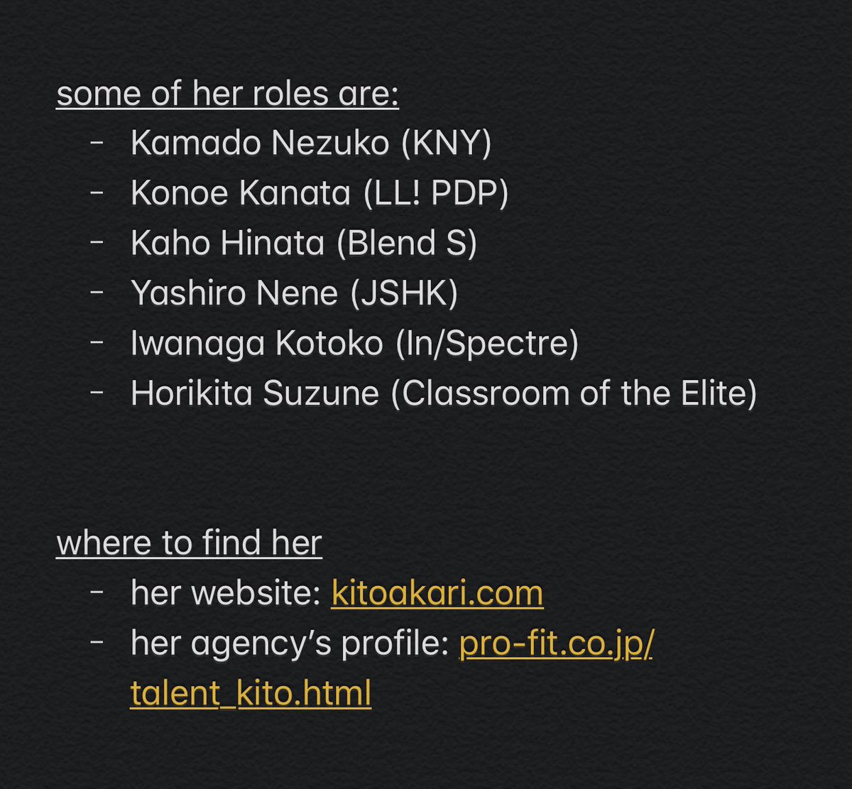 kito akariseems like this industry is full of beautiful women damn  she made her debut in 2014 and started landing major roles in 2016. she also debuted under Pony Canyon as a soloist in October 2019. you probably won’t find a seiyuu that doesn’t fangirl/fanboy over her