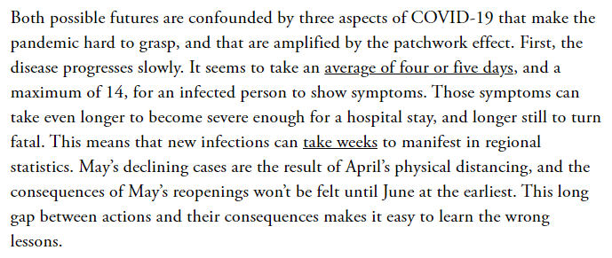 Here are 3 things to be mindful of when comparing different states (or countries), esp when thinking about different reopening decisions. 1) There's a *long* lag between actions and their effects. Today's numbers are not due to yesterday's decisions.  https://www.theatlantic.com/health/archive/2020/05/patchwork-pandemic-states-reopening-inequalities/611866/