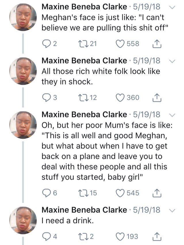 Serious Tweet: Meghan's Royal Wedding was a big deal for some people for personal & historical reasons. I think they projected onto the WRONG person, since M doesn't self identify or share any cultural aspects w/the African American Community. Take this as a scientific case study