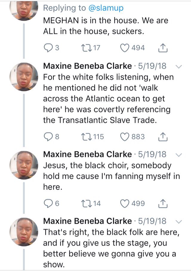 Serious Tweet: Meghan's Royal Wedding was a big deal for some people for personal & historical reasons. I think they projected onto the WRONG person, since M doesn't self identify or share any cultural aspects w/the African American Community. Take this as a scientific case study