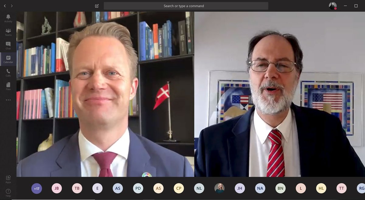Thanks to Danish Foreign Minister <a href="/JeppeKofod/">Jeppe Kofod</a>  for taking time to participate in <a href="/AmChamdk/">AmCham Denmark</a>’s virtual Meet-the-Leaders session today. I’m encouraged by the Minister’s strong commitment to open markets and strengthening transatlantic trade &amp; investments.
