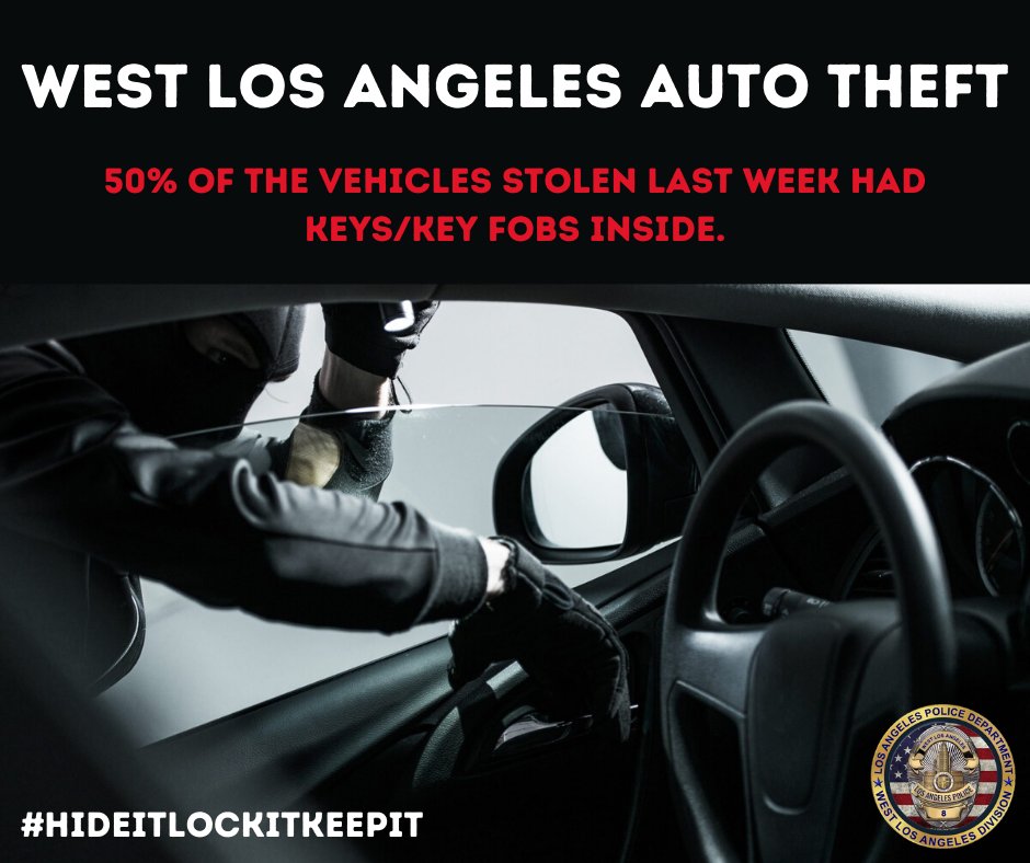 LAPDWestLA's tweet photo. Last week, 5 out of the 10 vehicles stolen in West LA had keys or key fobs left inside. Never leave keys or key fobs inside your vehicle and always lock your car after parking. #hideitlockitkeepit https://t.co/wJYAiP8PT4
