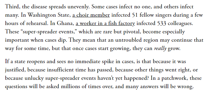 3) Bad luck. Which become especially important when cases are low.  https://www.theatlantic.com/health/archive/2020/05/patchwork-pandemic-states-reopening-inequalities/611866/