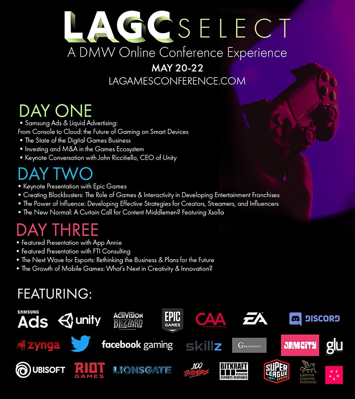 Media &amp; Entertainment Committee supported event:
➡️ Register here: bit.ly/bccclagamescon…
LAGC Select is an adaptive response to our increasingly connected world. This 3 day online conference is the first of a new complementary series to Digital Media Wire’s live events.