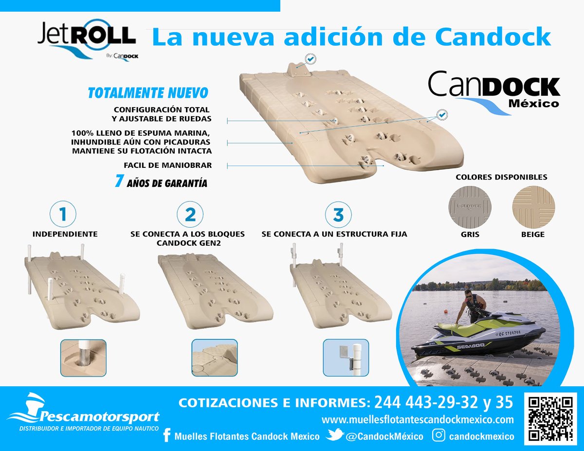 CandockMexico's tweet photo. -El JETROLL- Lo más nuevo de CanDock ya está disponible para su venta en México.
¡Un producto increíble de nueva generación inhundible!
Con 7 años de garantía. Puede usarse en los bloques G2,
en estructuras fijas o de manera individual.
#CanDock #México #JetRoll #MuelleFlotante https://t.co/IDXMZBy7Lj
