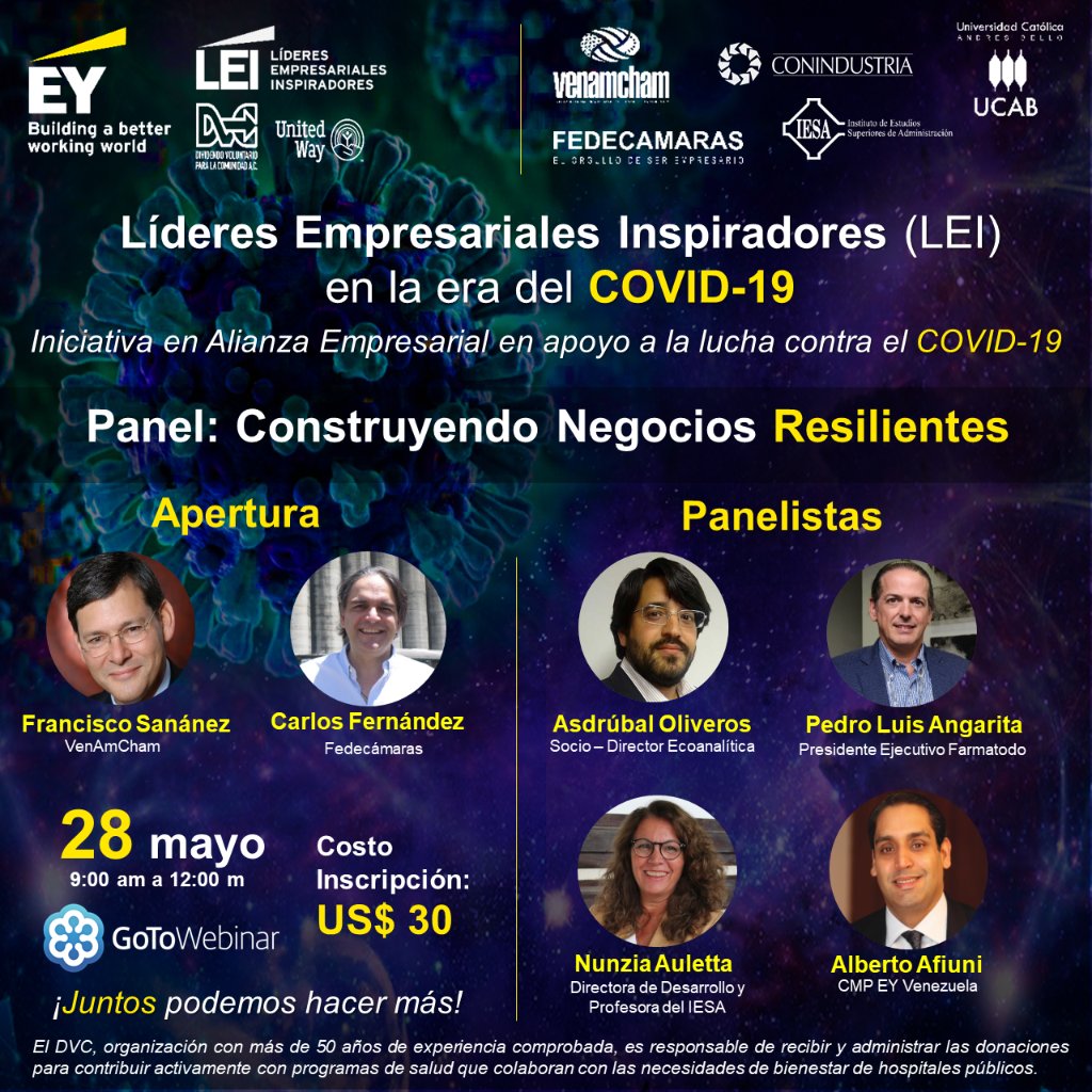 EY_Venezuela's tweet photo. Conoce los Líderes Empresariales Inspiradores que estarán participando en el #PrimerPanel: "Construyendo Negocios Resilientes". No deje de sumarse a esta iniciativa registrándose en el Webinar a través del link: https://t.co/Cs2ucPD2Ml
¡Tu presencia suma! ¡Juntos hacemos más! https://t.co/Zpb7zbr3UZ