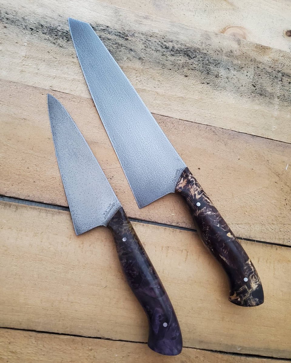 RedRockTools's tweet photo. A mini and tall chef headed to the #blackhills of South Dakota.  52100 with antique finish. #chefknife #carbonsteel #goodtools #forgedinfirechampion  #southdakota https://t.co/yVb92Kto8G