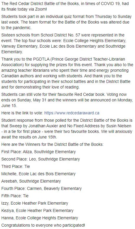 SD57PG's tweet photo. #SD57 held its Red Cedar District Battle of the Books today. The event took place in an altered format but, thanks to all the young readers out there, was still a huge success! Check out the details below.
@TinaCousins57 https://t.co/CheFwOGAK5