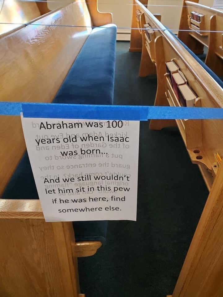 cinderchellaaa's tweet photo. These signs that a church put on the pews taped off for social distancing are KILLING ME https://t.co/xLUu5h8UEp