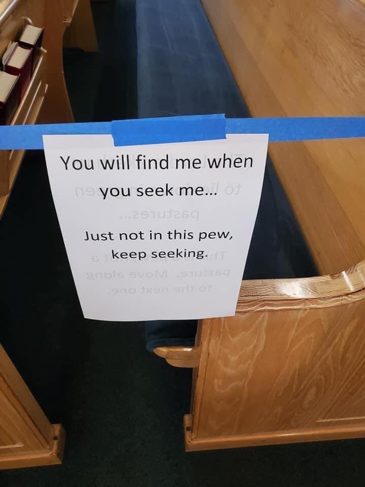 cinderchellaaa's tweet photo. These signs that a church put on the pews taped off for social distancing are KILLING ME https://t.co/xLUu5h8UEp