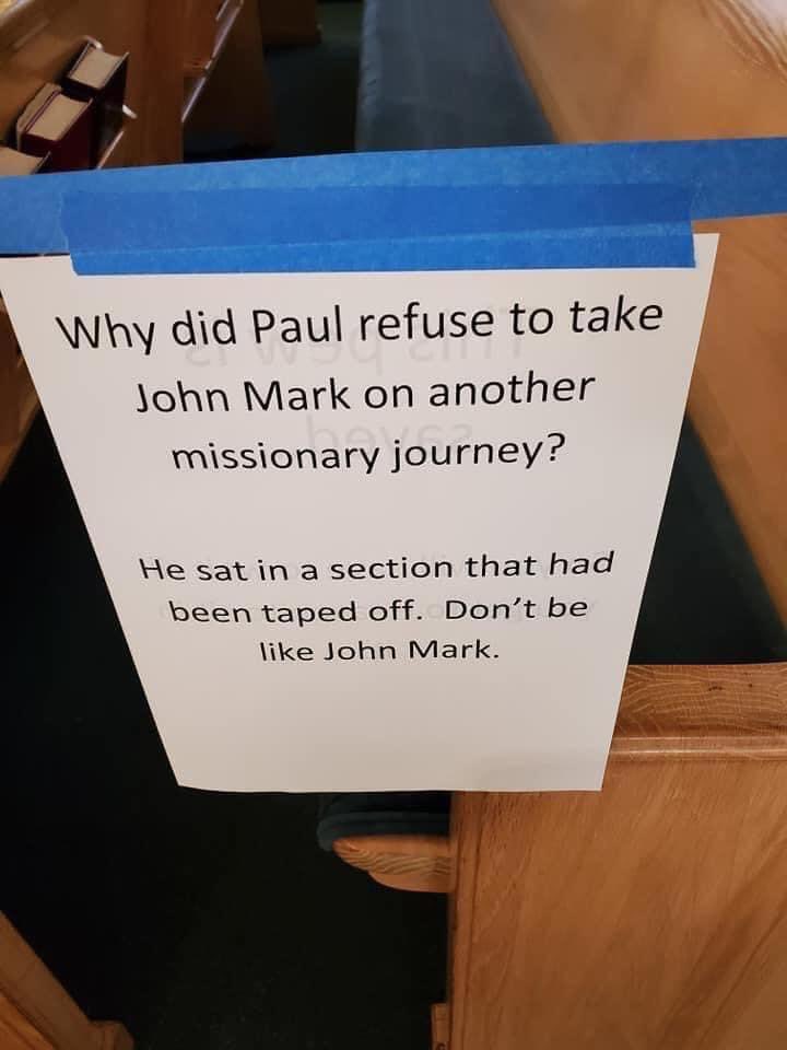 cinderchellaaa's tweet photo. These signs that a church put on the pews taped off for social distancing are KILLING ME https://t.co/xLUu5h8UEp