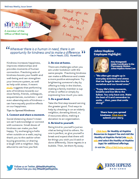 HealthyHopkins's tweet photo. Acts of kindness can have positive effects on our happiness. Read four tips for spreading kindness. #BMorekind #smile #HelpingOthers @HopkinsMedicine @MDHealthDept https://t.co/2JbBPjdpDP
