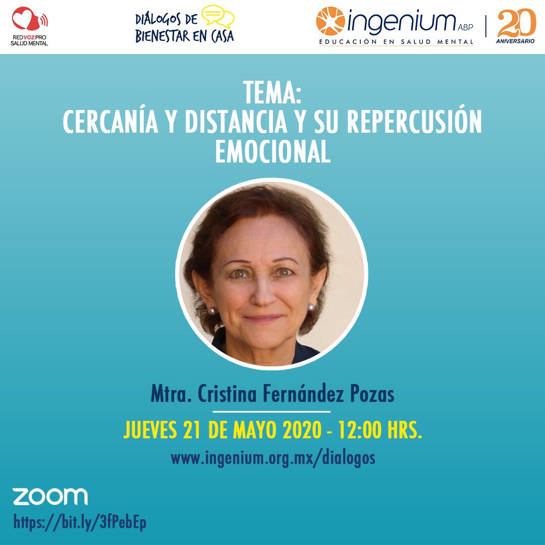 ingeniumabp's tweet photo. No se pierdan mañana a las 12:00 Hrs. un diálogo más con la Mtra. Cristinas Fernández Pozas 🧠
📲 Únete al diálogo aquí: https://t.co/wsRAX99Inh
Recuerda que todas las charlas se graban y estarán disponibles en https://t.co/41rPEBj86M
#Dialogos #IngeniumABP #SaludMental https://t.co/ibSDhctDO8
