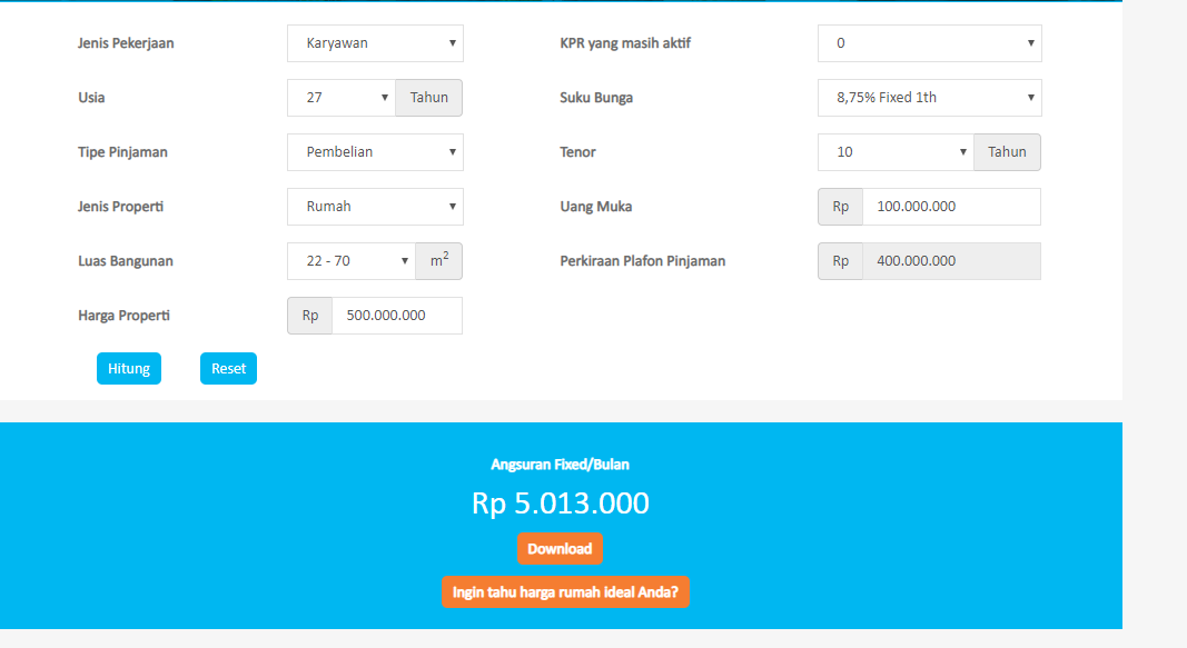 Oke Here goes!Saya coba dari website perhitungan KPR dulu yaSemua data saya input berdasarkan diri saya:27 tahun, karyawan.Harga rumah asal nembak aja 500 jutaDP juga nembak 100 juta dulu