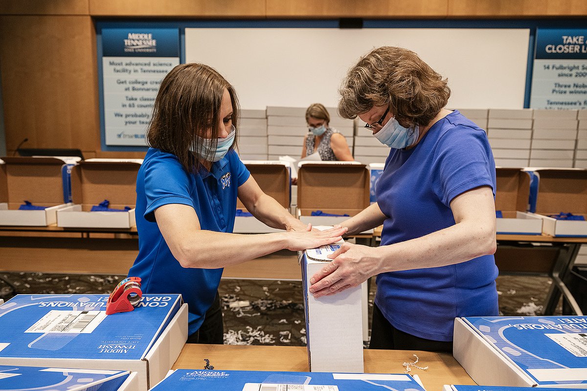MTSU's tweet photo. Graduation boxes (and diplomas!) are coming to you soon, Class of 2020. #MTSU2020 #trueBLUE https://t.co/c2PIWM3Wps