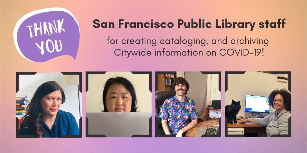 SF72org's tweet photo. A big THANK YOU goes out to these dedicated @SFPublicLibrary staff who have been tirelessly creating, cataloging and archiving Citywide information on COVID-19! Thank you for your hard work to keep #SF organized.
#KeepUptheGoodWorkSF #LibrariesForAll https://t.co/1keVZLwG4B