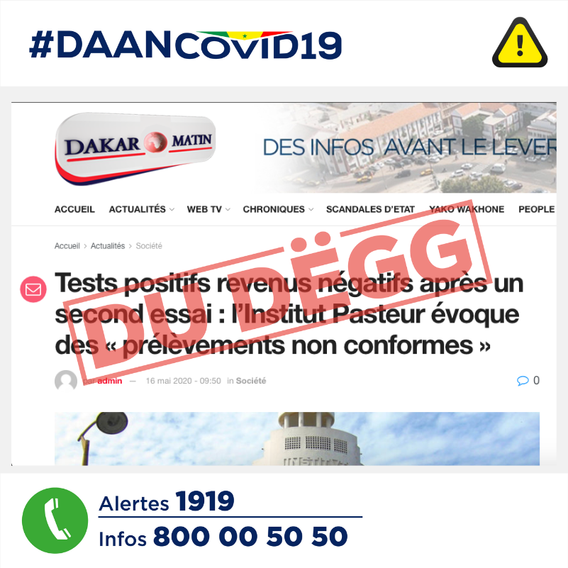L'INSTITUT PASTEUR DE DAKAR a publié un communiqué qui dément fermement l'information qui mettait en doute la fiabilité des tests effectués sur le personnel de l'hôpital de Fann : sante.gouv.sn/sites/default/…