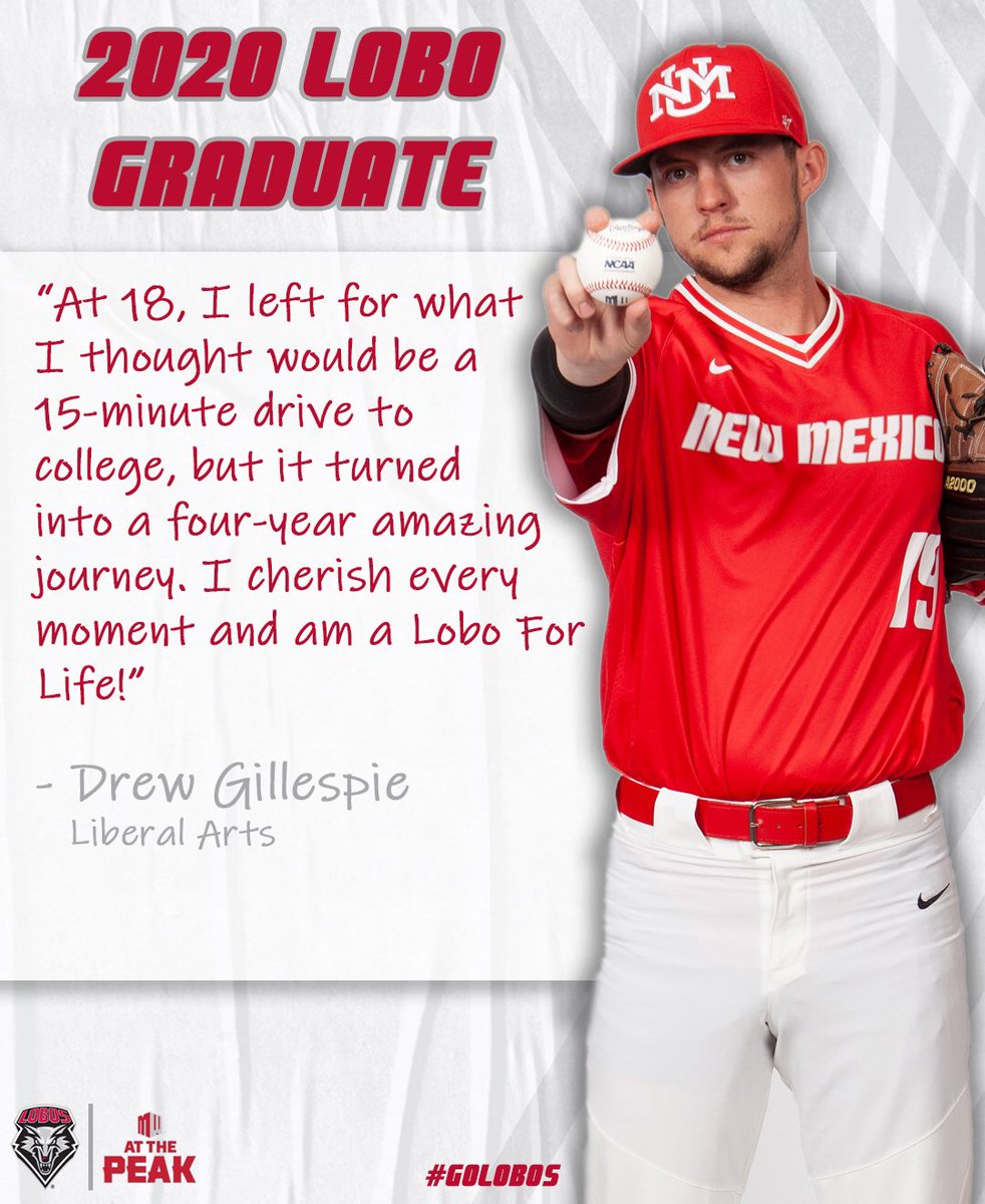UNMLoboBaseball's tweet photo. Only 3 more days until our virtual commencement and today we are shining a spotlight on Drew Gillespie! Hear from Drew, an ABQ native on what it meant to be a Lobo! #GoLobos https://t.co/gcxdpKM3f4