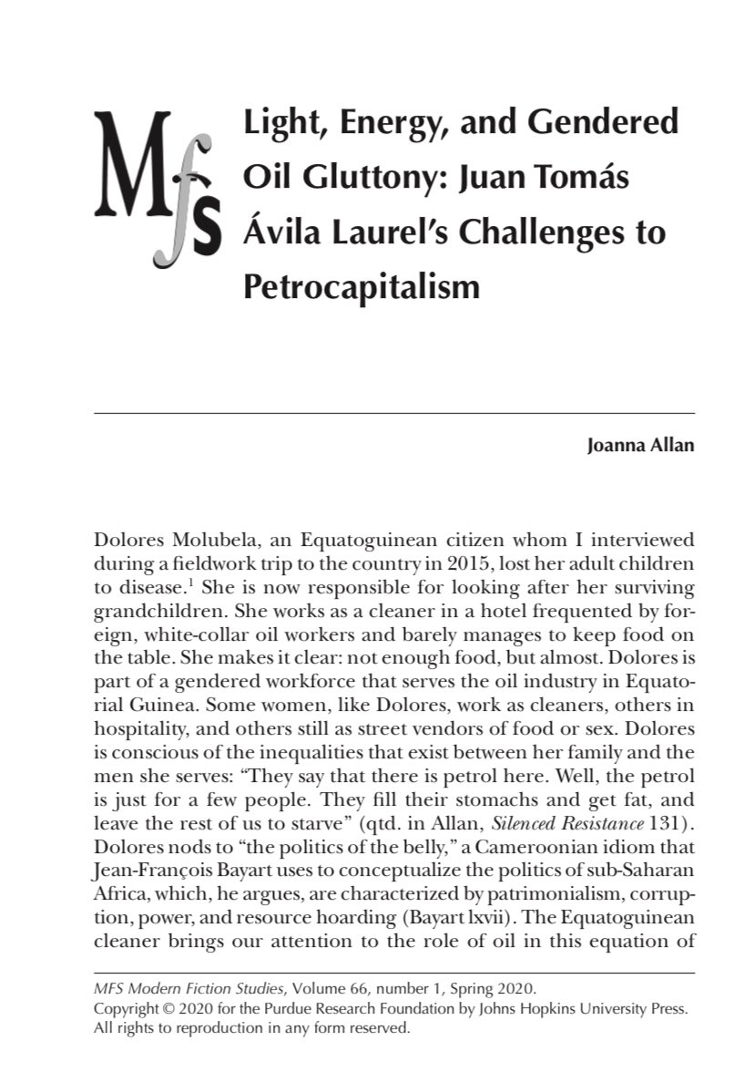 oaperezh's tweet photo. On how the work of #Equatoguinean author Juan Tomás Ávila Laurel challenges false feminist narratives promoted by oil multinationals and political elites to invisibilize violence, by @joanna_allan, special issue of MFS on literature and extraction #littech https://t.co/4BguUpGUCD https://t.co/OsL1KR0UnN